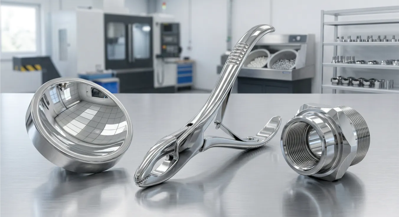 Pièce en acier inoxydable polie miroir, usinée CNC, Ra 0,05 μm