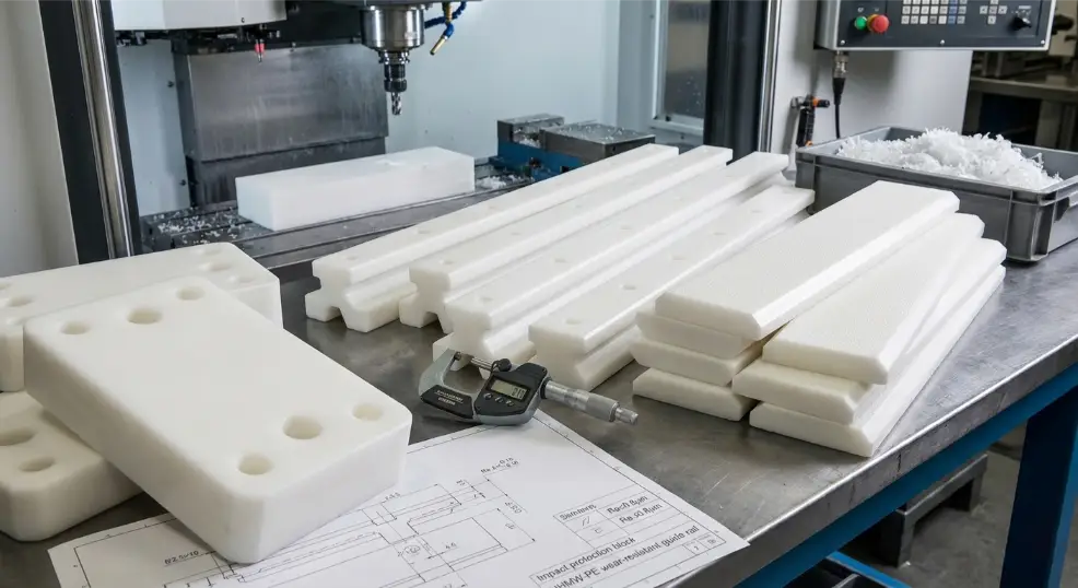 Guide de glissement en UHMW-PE, liner de convoyeur, bloc d'impact, auto-lubrifiant, CNC, FDA